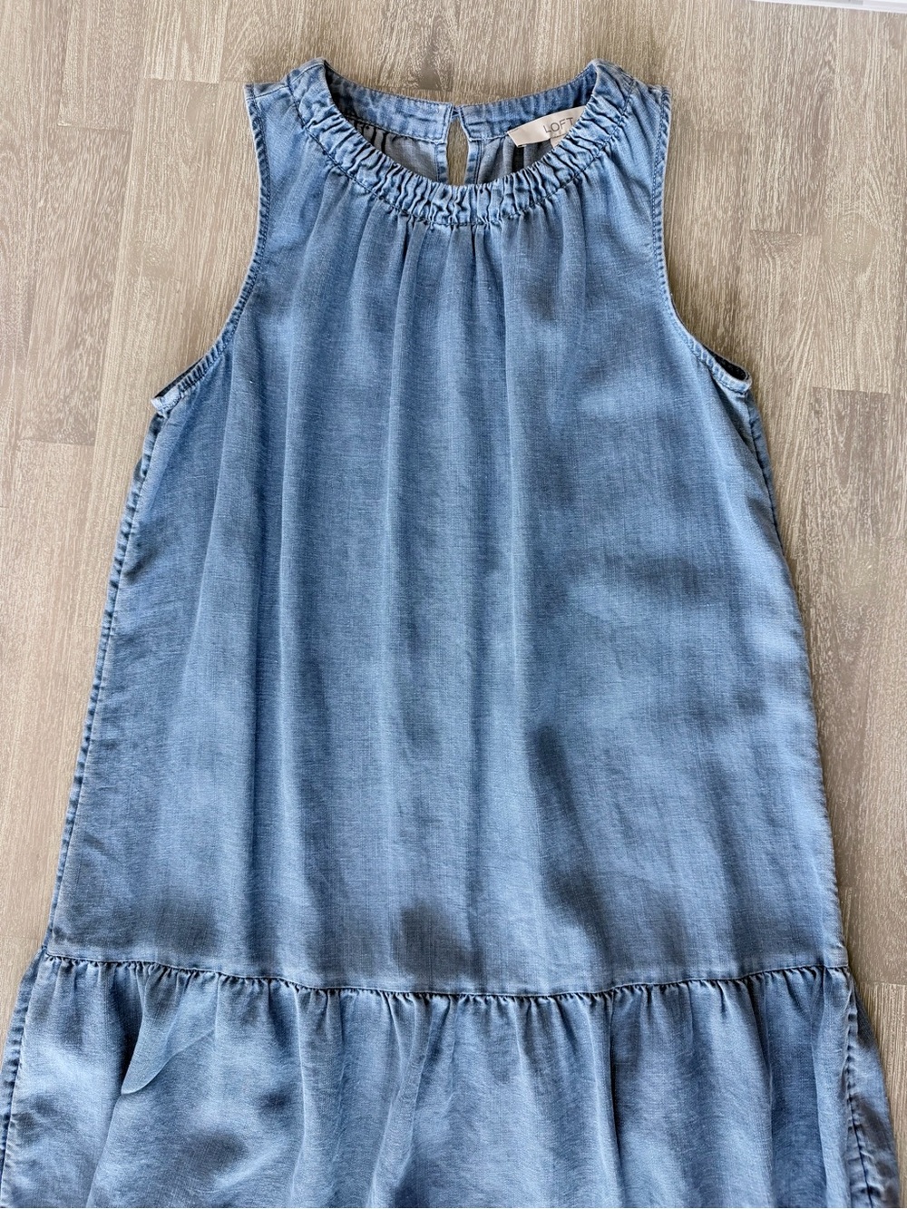 LOFT Petite Chambray Sleeveless Shift Dress | Small Petite | Blue Ruffle Hem - Picture 3 of 7